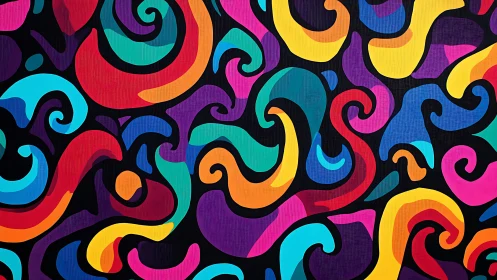Colorful swirling abstract curves fill a dense dark canvas