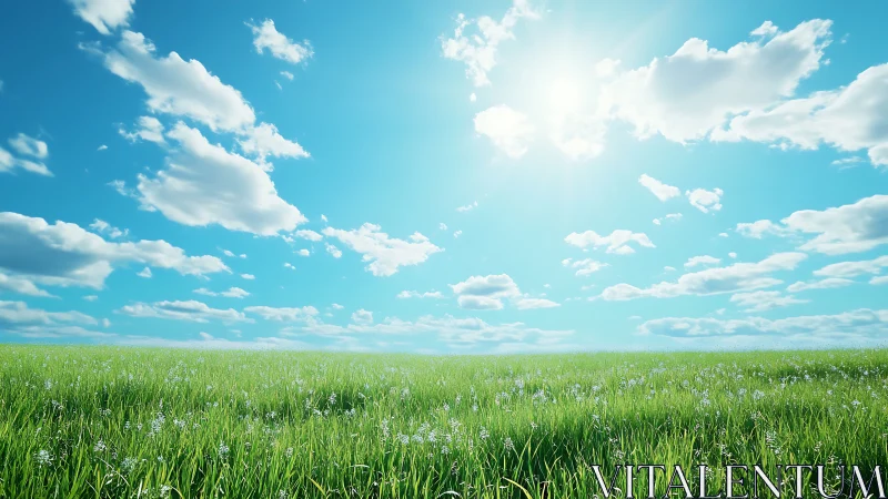 Endless spring meadow under radiant midday sunlit sky.