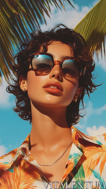 Curly haired person in sunglasses under palm leaves.