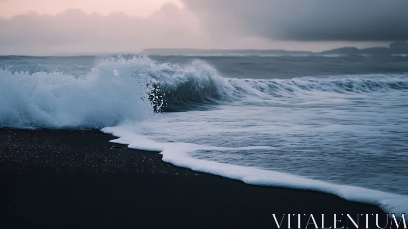 Moody breaking wave on dark shoreline, low light seascape study.