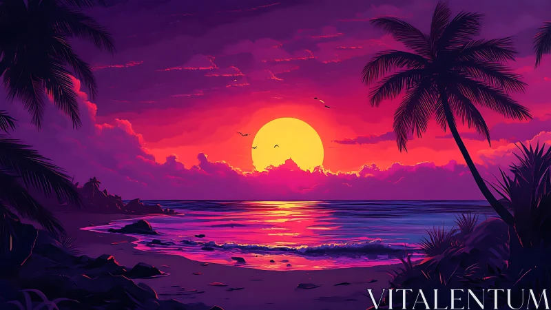 Tropical shoreline under stylized sunset with silhouetted palms.