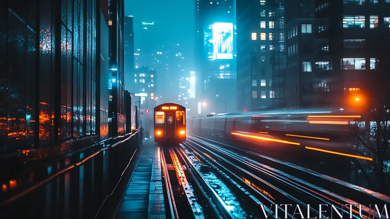 Neon subway train cuts through a misty futuristic night city