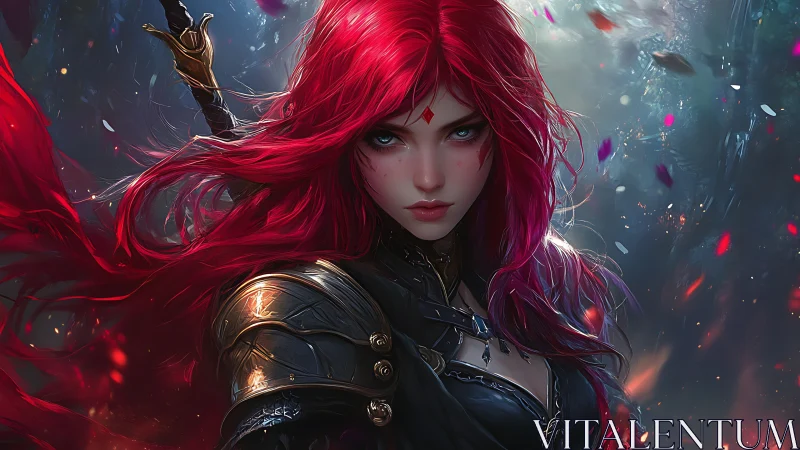 Red haired armored figure stands in dim atmospheric forest