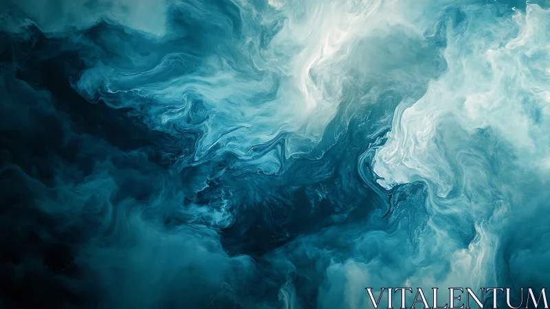 Turbulent cyan fluid vortices form layered, high-contrast plumes