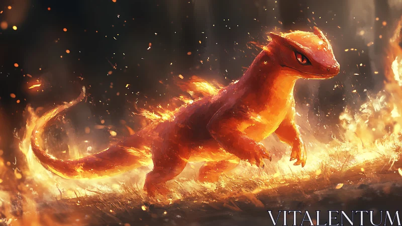 Fiery reptilian creature traversing blazing ground plane