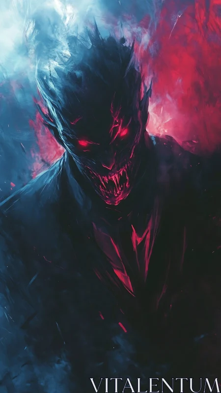 Humanoid silhouette with red eyes in dual color smoke.