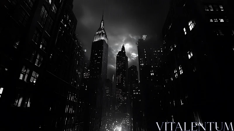 Noir skyscrapers loom over a rain-soaked midnight avenue.