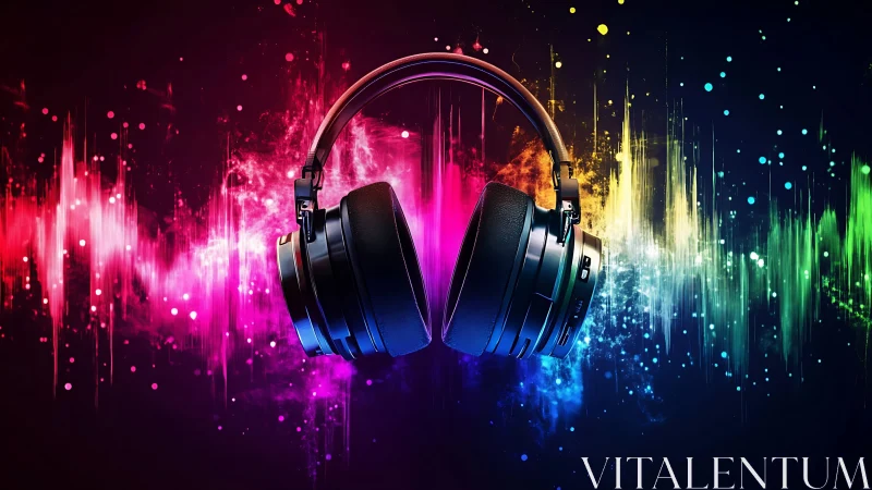 Headphones float amid neon sound waves in vivid motion.
