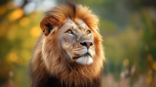 Male lion portrait in soft-focus natural habitat setting.