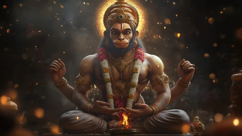 Radiant divine monkey figure in fiery meditative stillness.