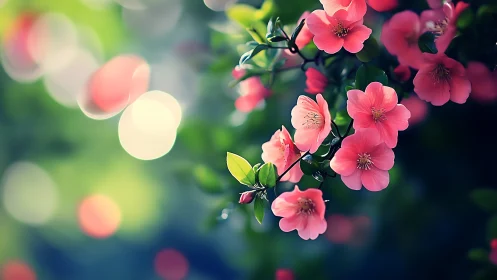Pink flowering shrub with bokeh botanical composition.