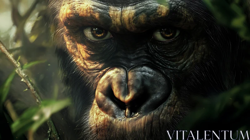 Brooding jungle ape gaze framed by whispering green leaves.