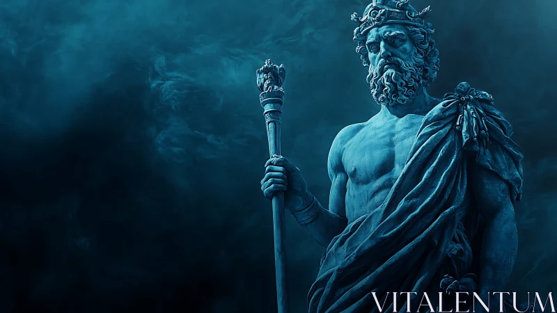 Mythic godlike statue holding staff in blue misty light.