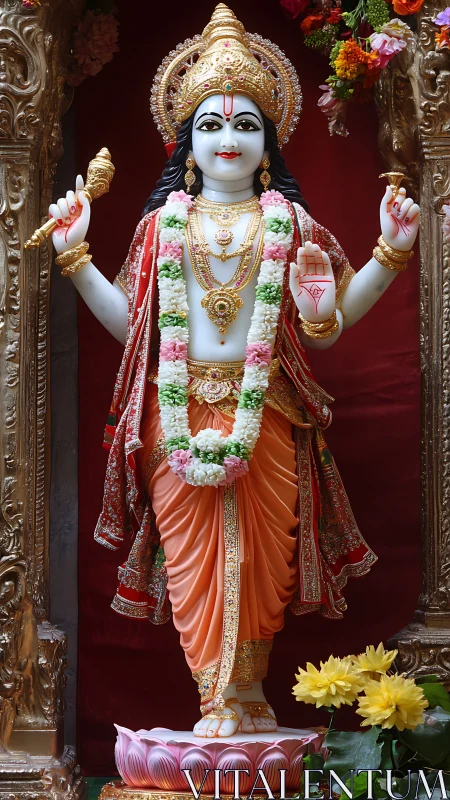 Marble Hindu deity statue with garlands and ornate crown.