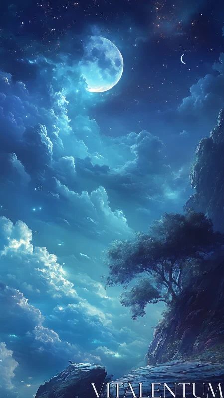 Lunar-illuminated cliffscape under volumetric nebular clouds.