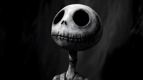 Monochrome skeletal doll portrait against dark backdrop.