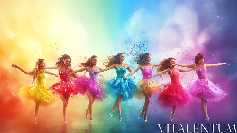 Dancers in rainbow dresses leap through clouds of vibrant color