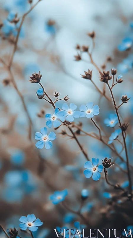 Delicate Blue Forget-Me-Nots with Dormant Buds Against Soft Bokeh.