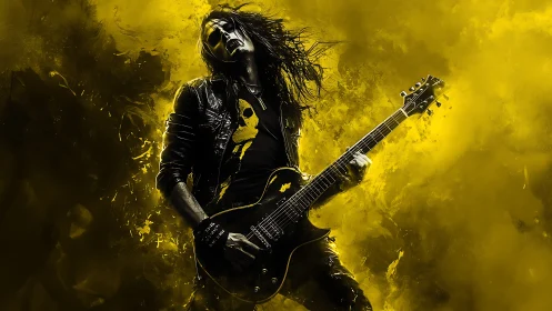 Electric rock guitarist in yellow-black high contrast haze.