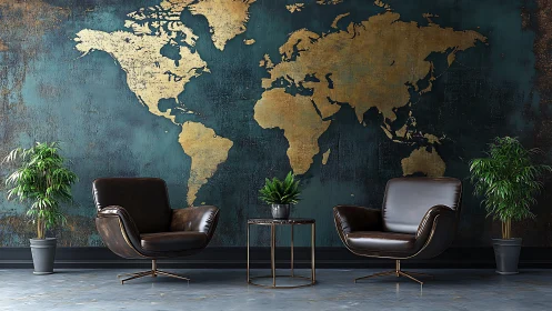 Modern leather lounge with gold world map feature wall