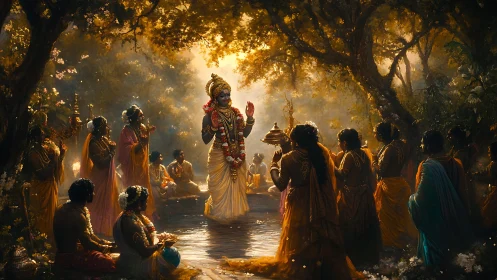 Divine figure with attendants in forest water ritual scene.