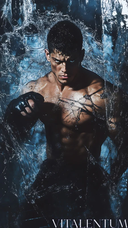 Stormforged fighter breaking through ice and shadowed water.