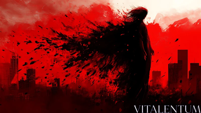 Silhouetted figure dissolves into crimson urban maelstrom
