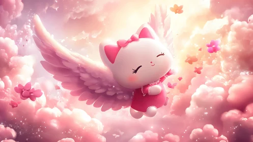 Winged chibi cat angel soars through luminous pink clouds