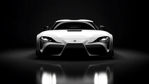 White sports coupe front view under dramatic studio lighting