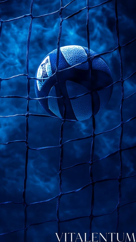 Glowing blue volleyball caught in net under smoky night sky.