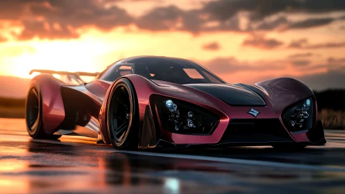Sunset razor hypercar prowls a glowing mirror-slick runway.