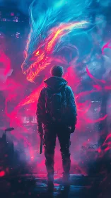 Neon warrior confronts spectral dragon in cybercity fog.