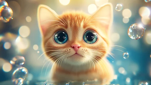 Golden-Furred Feline Portrait with Turquoise Eyes. Ethereal Bubble Environment.