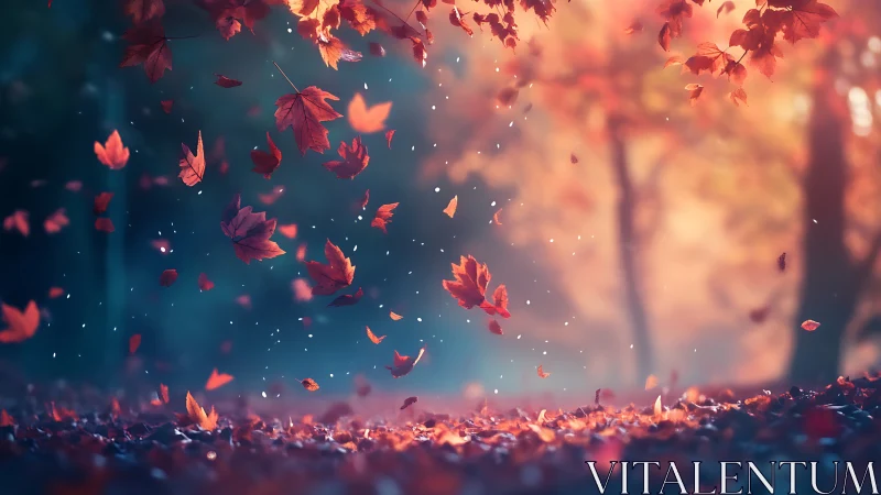 Falling autumn leaves over forest floor in soft focus.