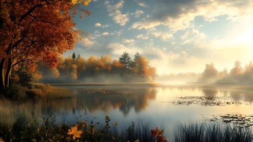 Amber fog drifts over still autumn lake at waking light.