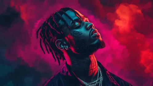 Neon-lit portrait of a pensive man against vibrant smoke clouds