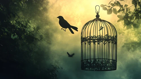 Gentle forest dream with free birds and an open cage.