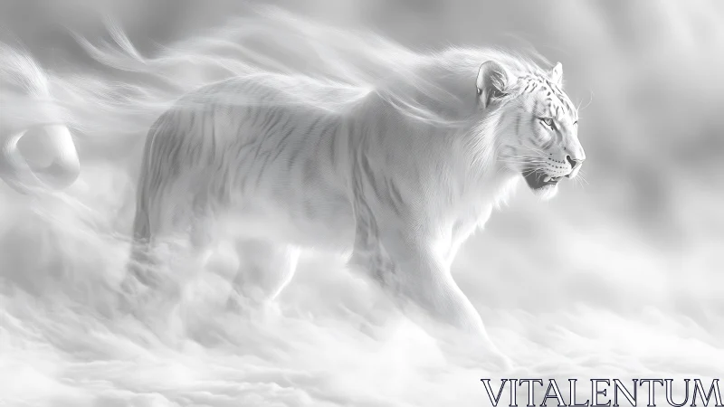 White tiger strides through ethereal mist in monochrome light.