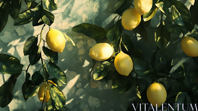 Sunlit lemon branches with high-contrast foliage and textured rind