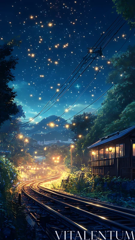 Curved railway tracks pass lit houses under dense starry sky.