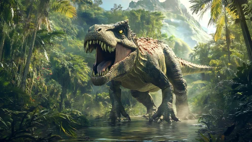 Hyperreal Tyrannosaurus rex roaring in dense tropical valley
