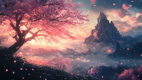Blossom-draped sunrise valley beneath a dreaming mountain.