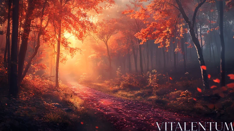 Autumn Forest Ablaze with Golden Sunlight Through Misty Trees