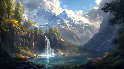 Digital painting of alpine lake, cascading falls, and peaks.