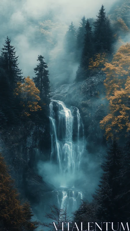 Moody digital waterfall in misted conifer forest vertical study.