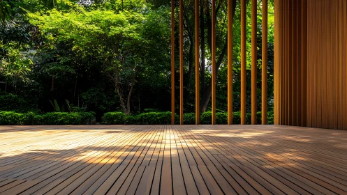 Sunlit timber terrace opening softly into lush green forest.
