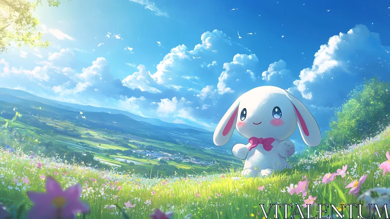 Cartoon rabbit figure in bright rural hillside landscape.