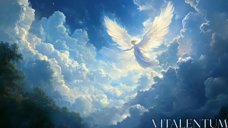 Luminous angel ascends through radiant clouds in tranquil sky