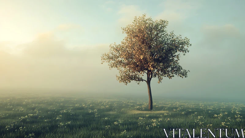 Lone tree in misty field with soft sunrise lighting, serene style.