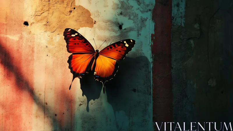 Sunlit orange butterfly resting softly on a weathered wall.